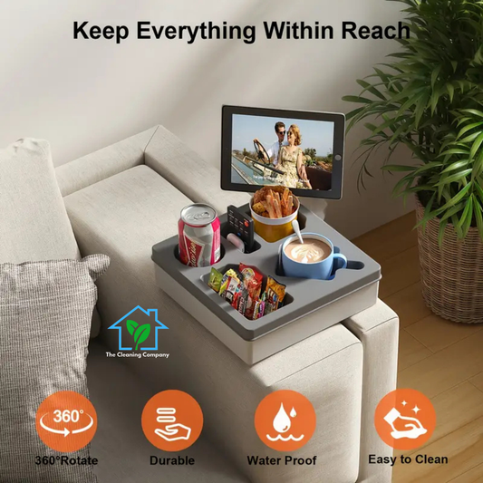 Couch Cup Holder Tray with Rotatable Phone Holder