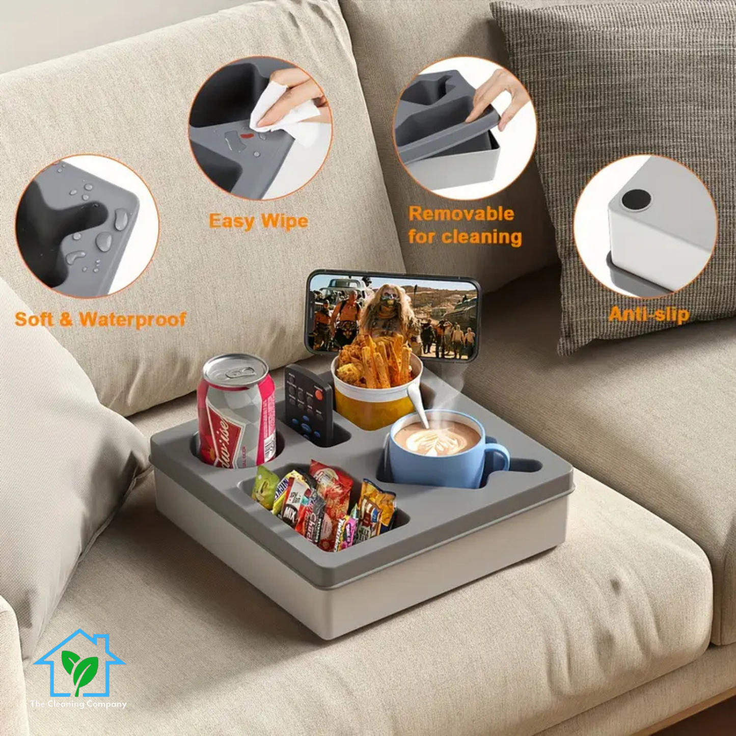 Couch Cup Holder Tray with Rotatable Phone Holder