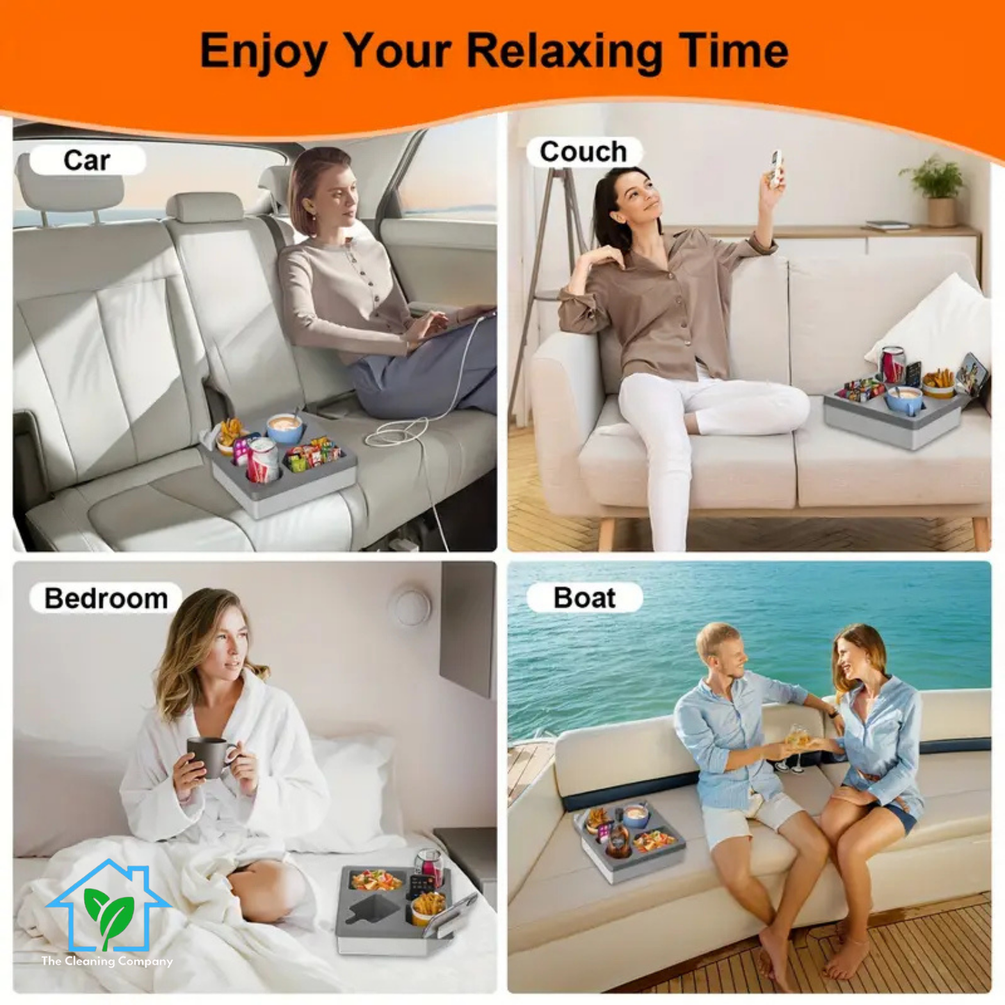Couch Cup Holder Tray with Rotatable Phone Holder